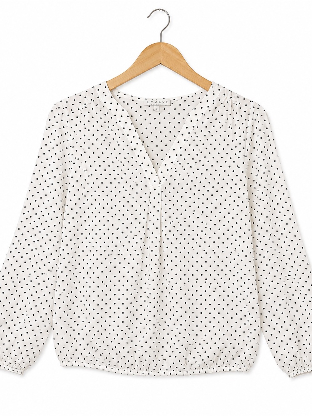 Chaus White V-Neck Long Sleeve Top with Black Polka Dots